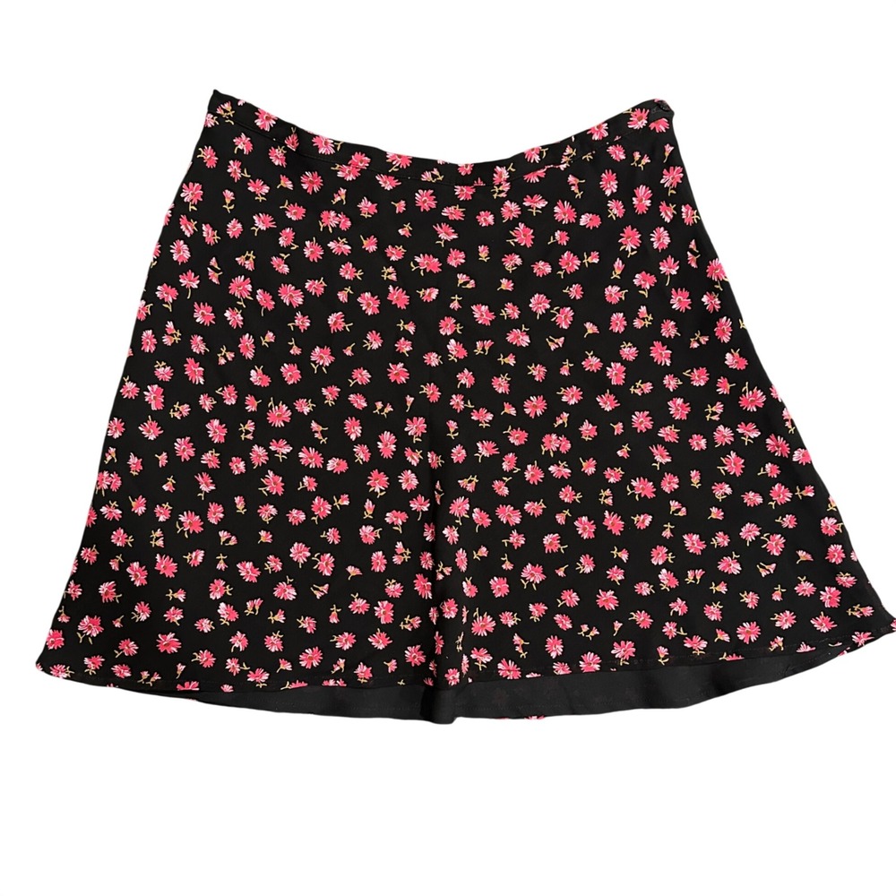 Bebe San Francisco Black Pink Floral Mini Skirt A-Line Side Button Size 12